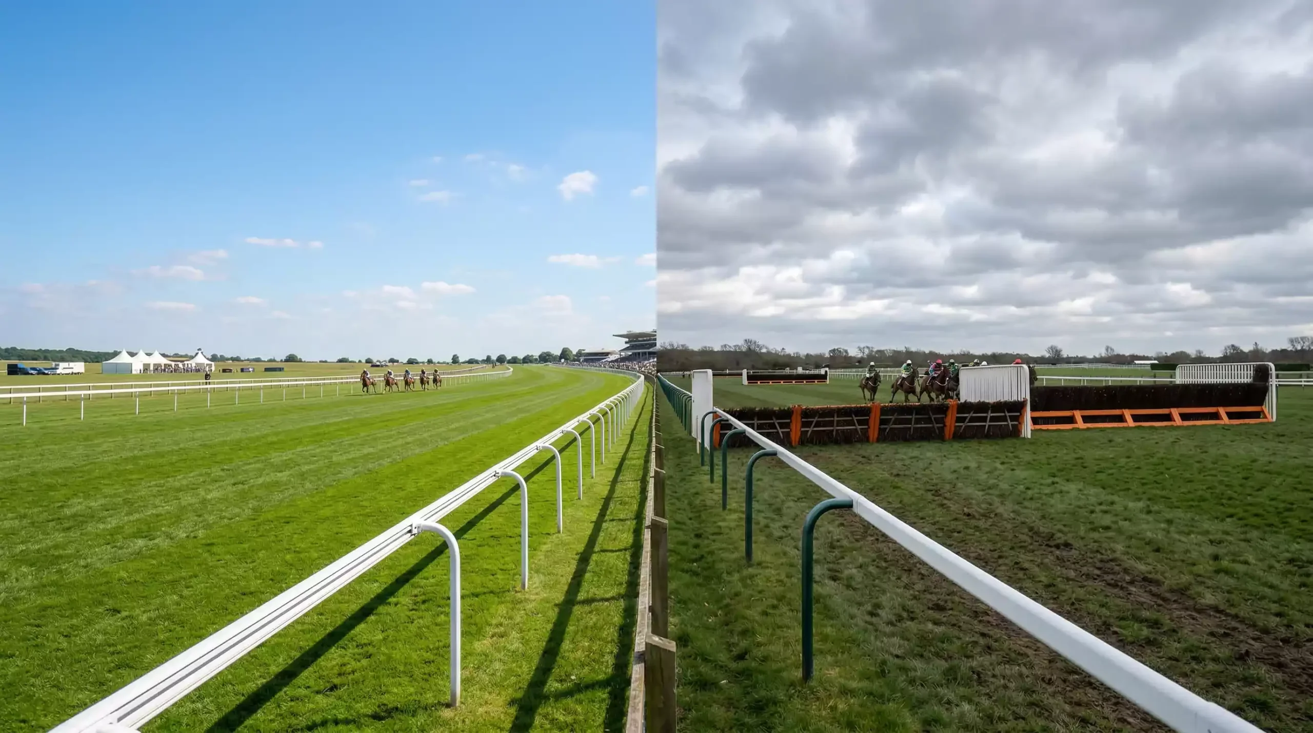 Split view of a Flat racecourse and a Jump racecourse illustrating two declaration systems