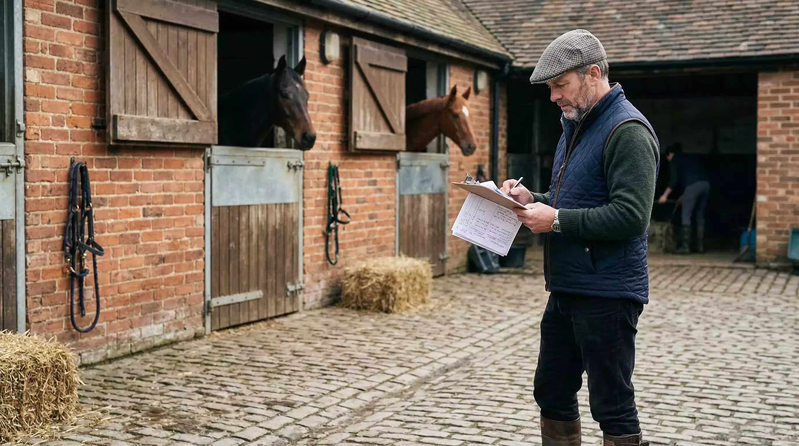 Trainer reviewing race entries on a clipboard in a stable yard before Cheltenham Festival