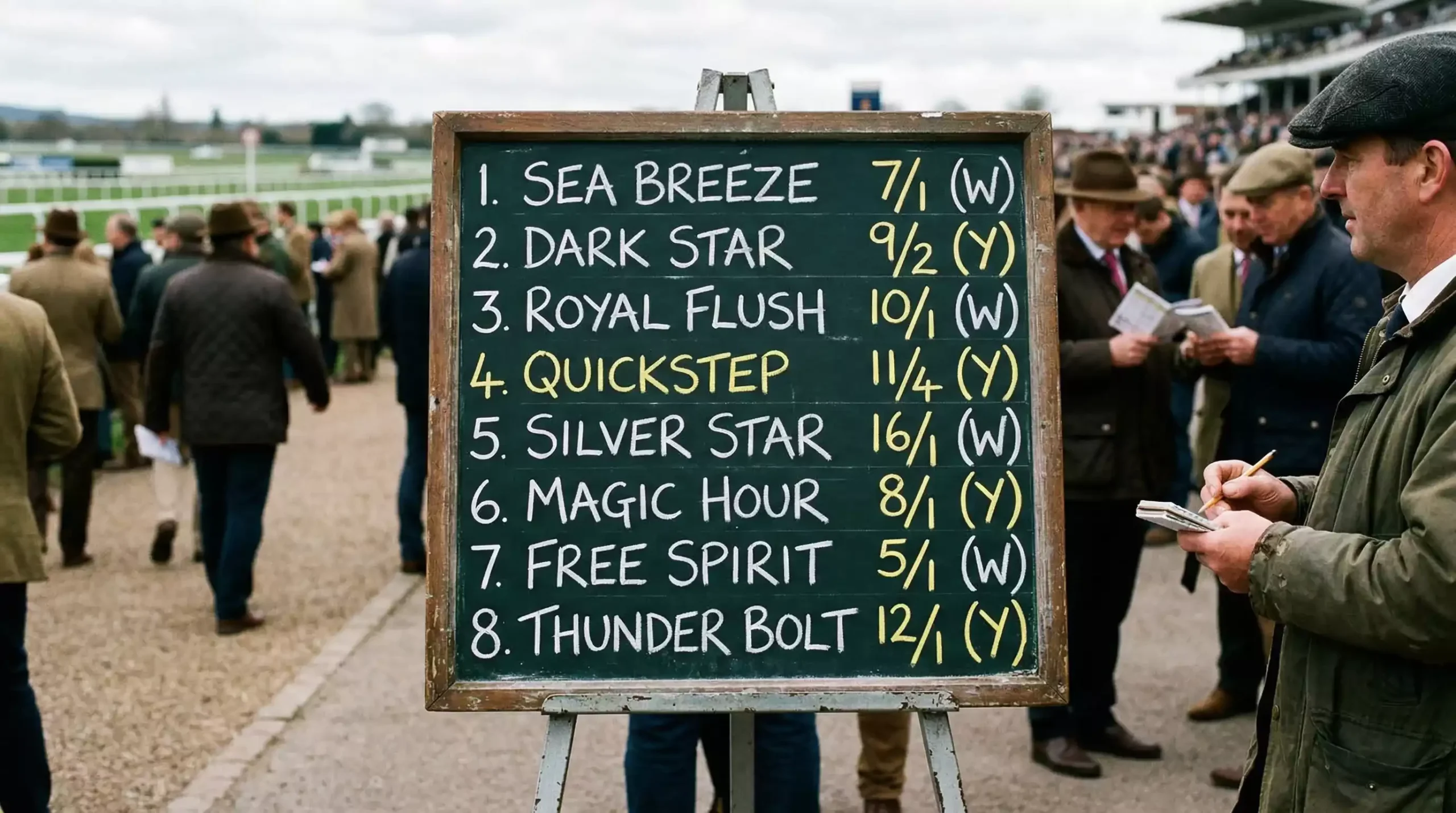 Bookmaker odds board at a UK racecourse showing horse racing prices