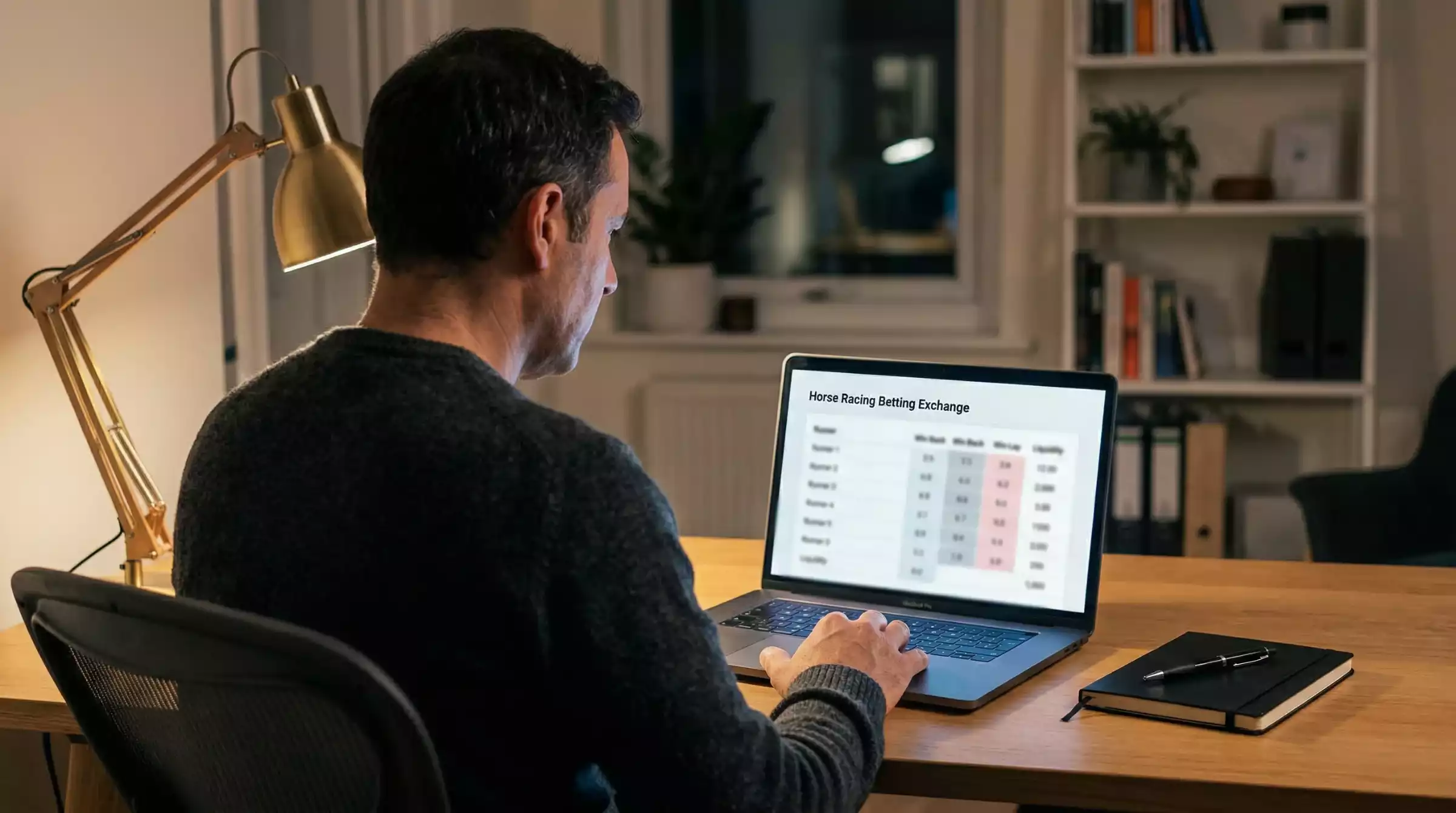 Punter reviewing a horse racing exchange screen on a laptop