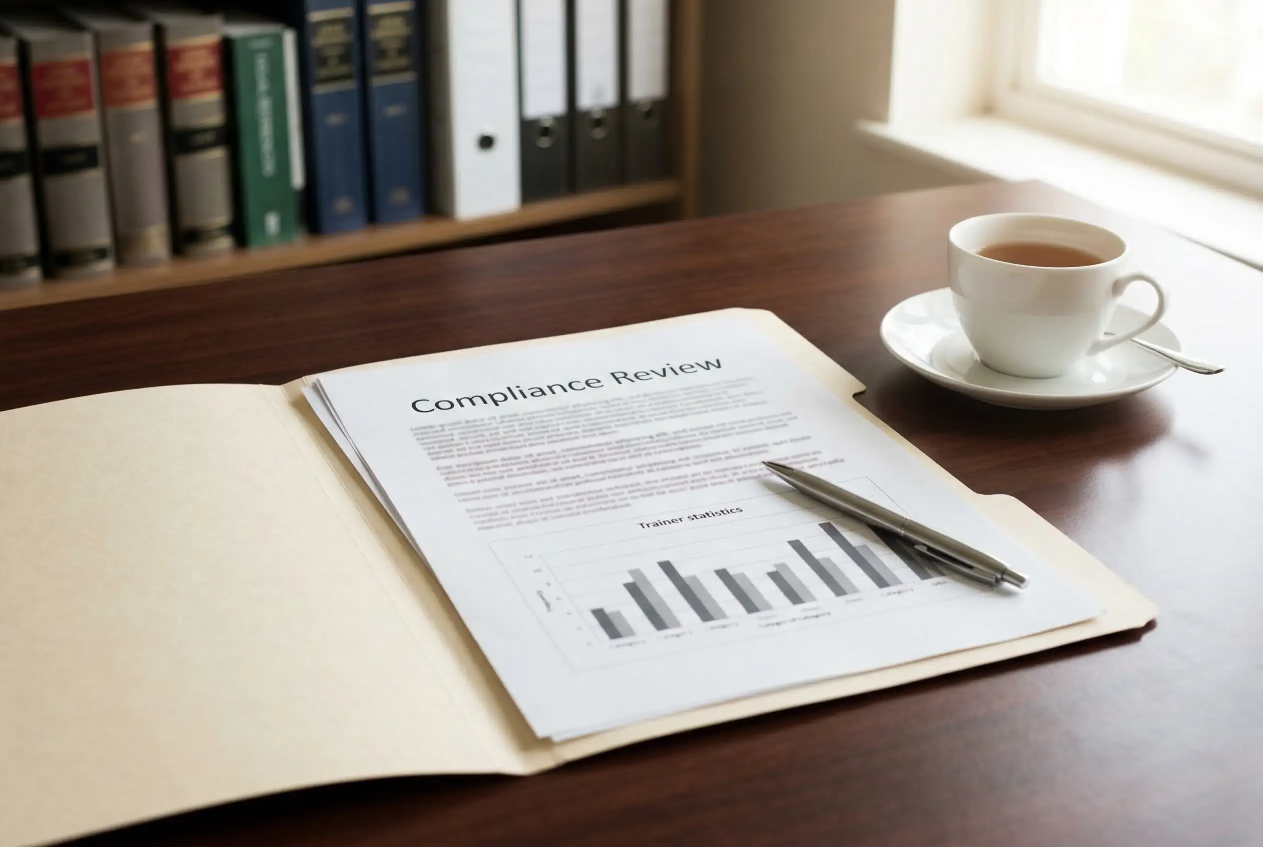 Document folder with BHA letterhead and trainer non-runner compliance records on a desk
