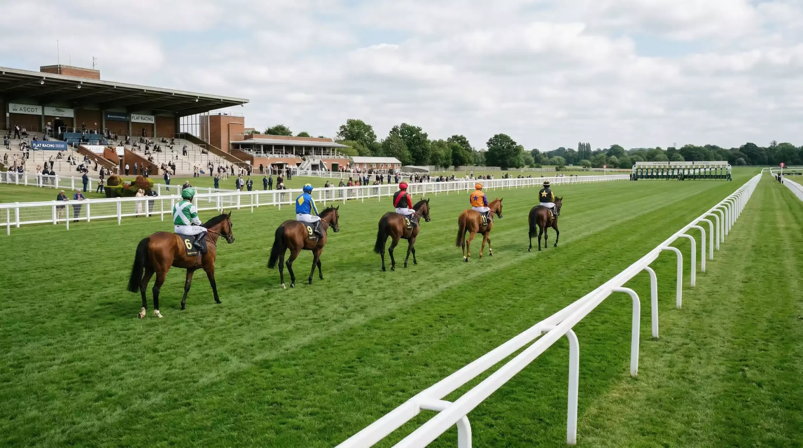 Small field of horses approaching the start at a UK racecourse