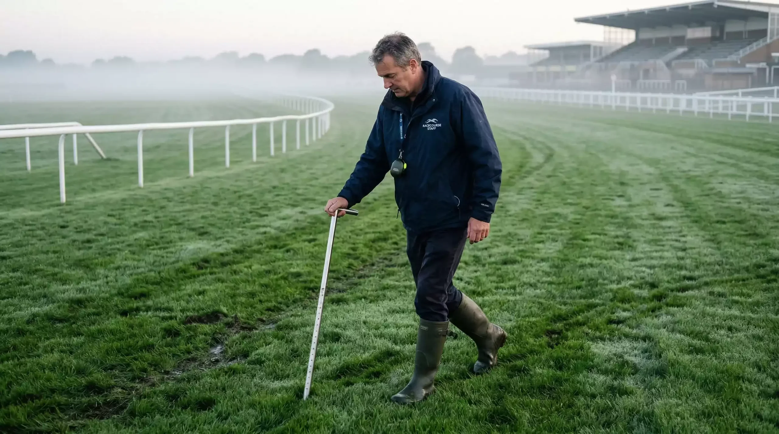 Clerk of the course inspecting ground conditions with a going stick