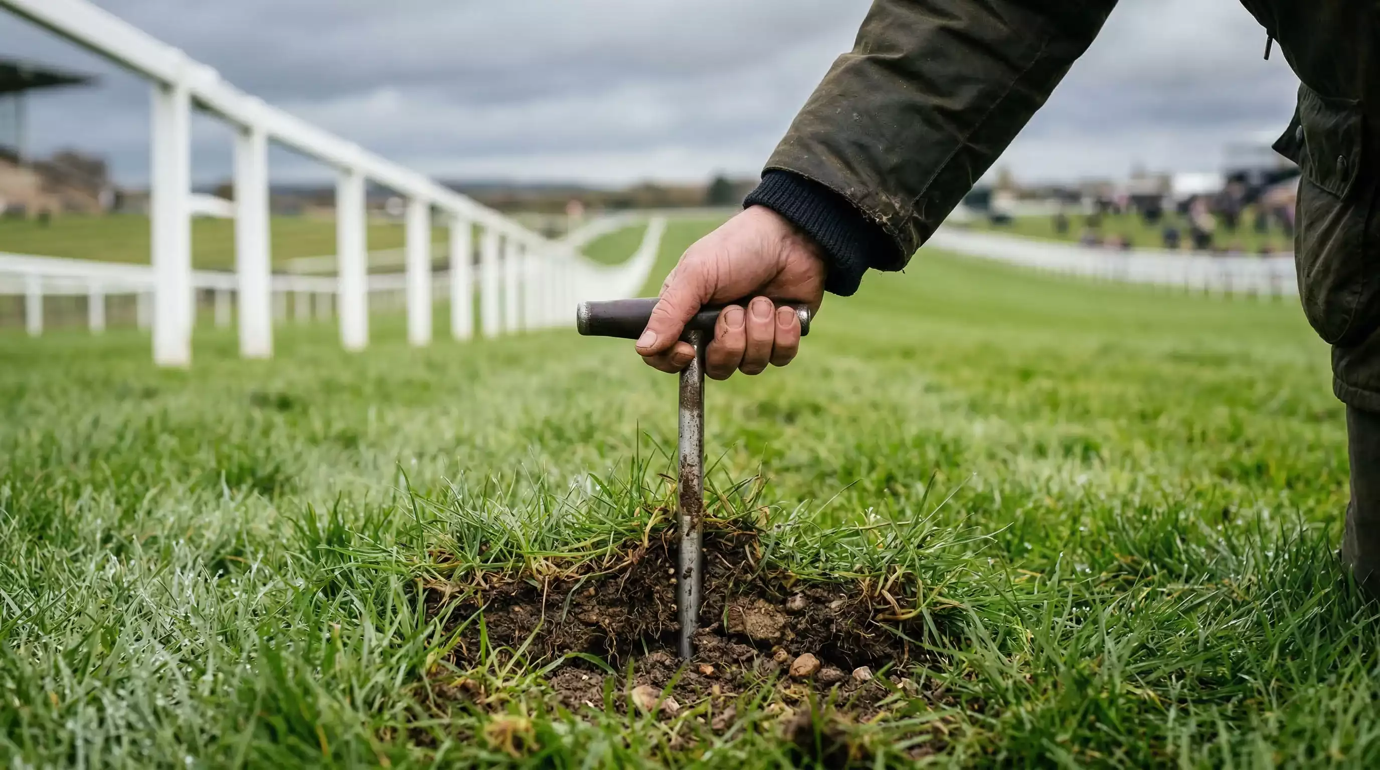 Going stick being pushed into turf at a British racecourse to measure ground conditions