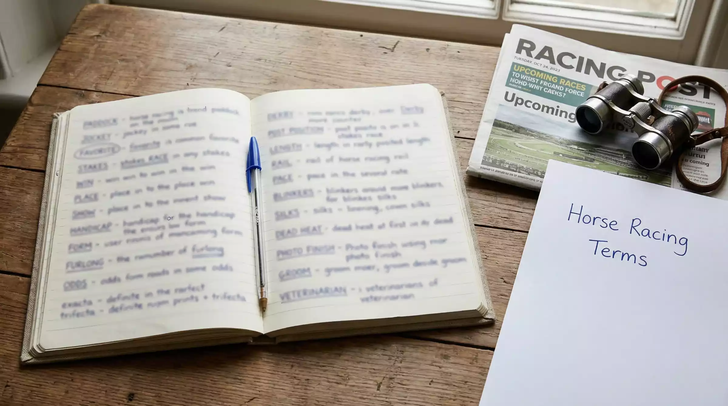 Open notebook with horse racing terminology written out and highlighted