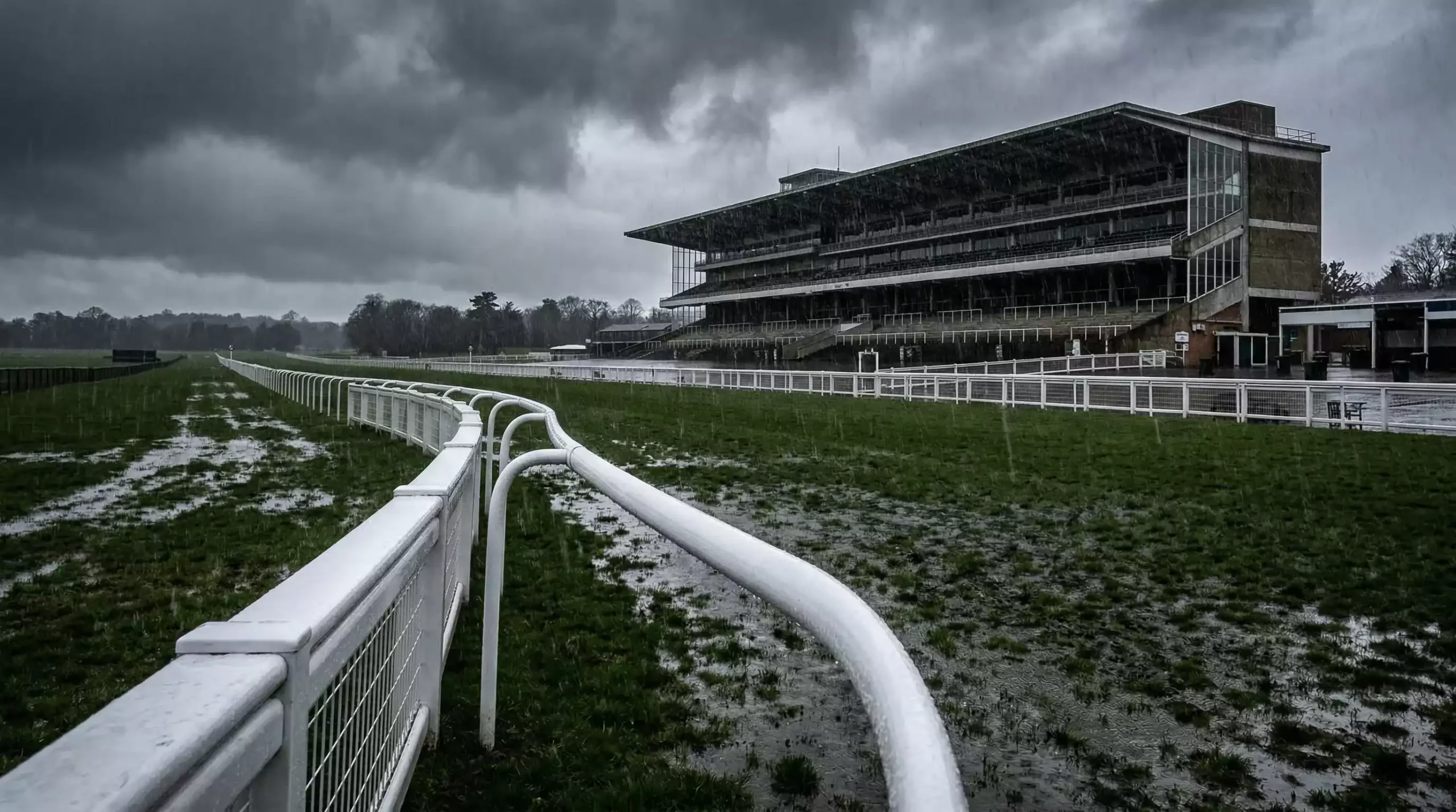 Racecourse under heavy rain with waterlogged turf