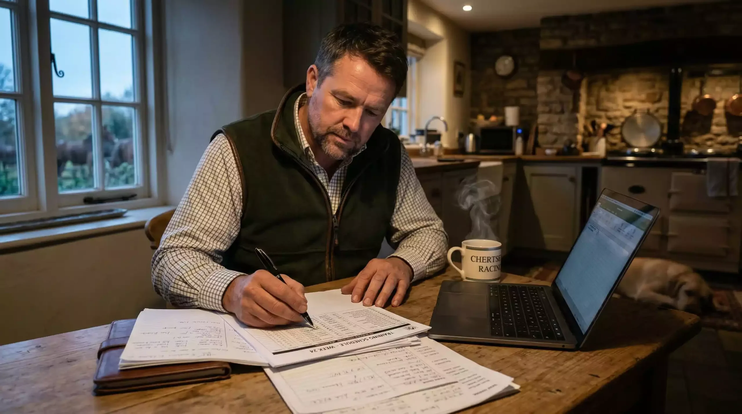 Trainer reviewing overnight declarations on a laptop before raceday