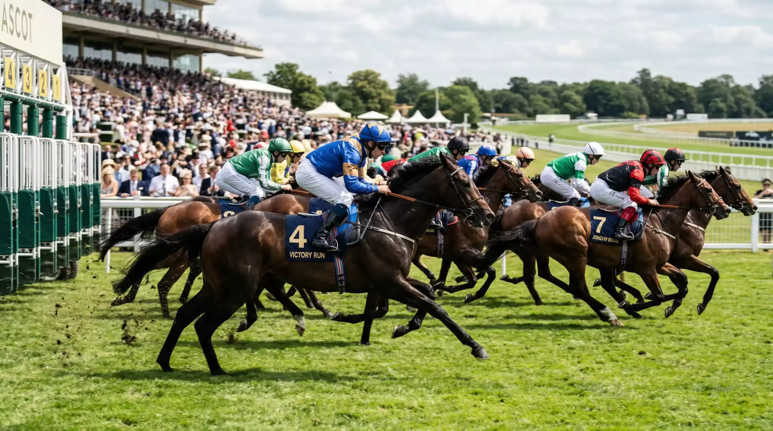 Racehorses breaking from the stalls in a UK flat race