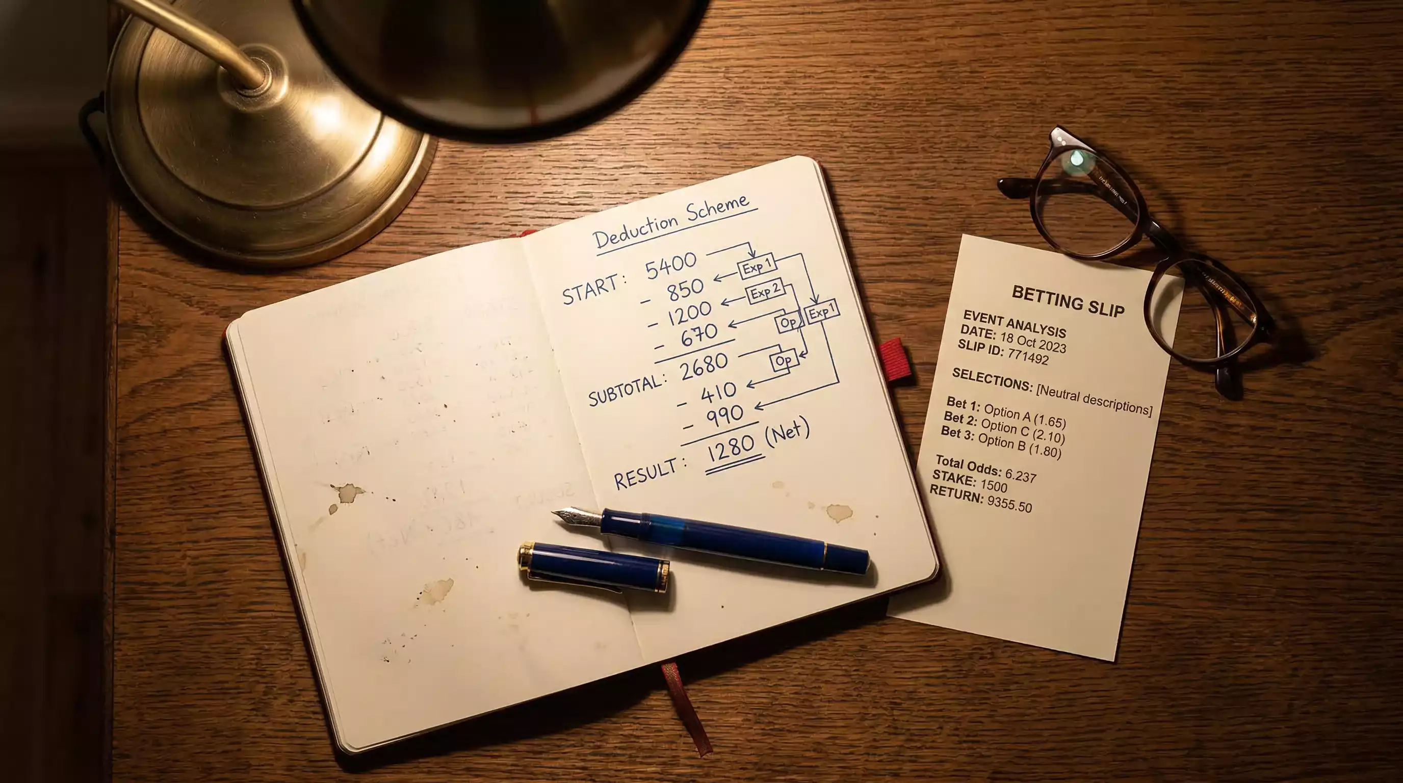 Betting slip with pen and notebook showing Rule 4 deduction calculation for horse racing