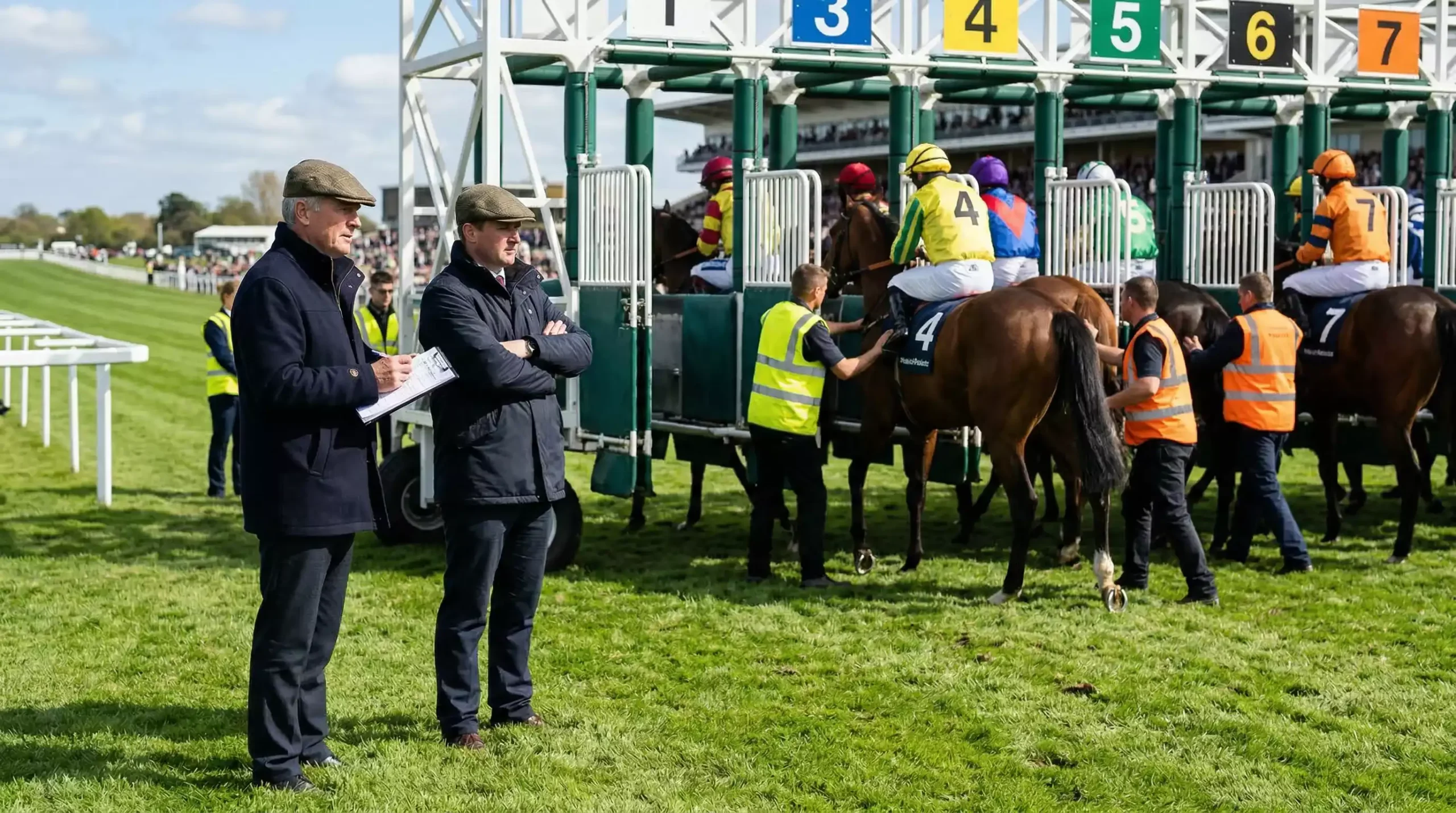 Starting stalls at a UK racecourse with stewards observing
