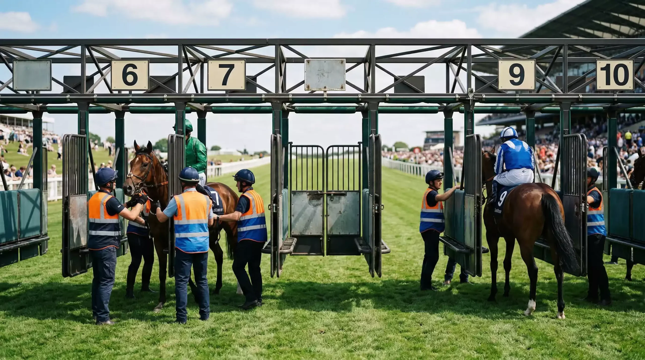 Starting stalls at a UK flat racecourse with one stall empty