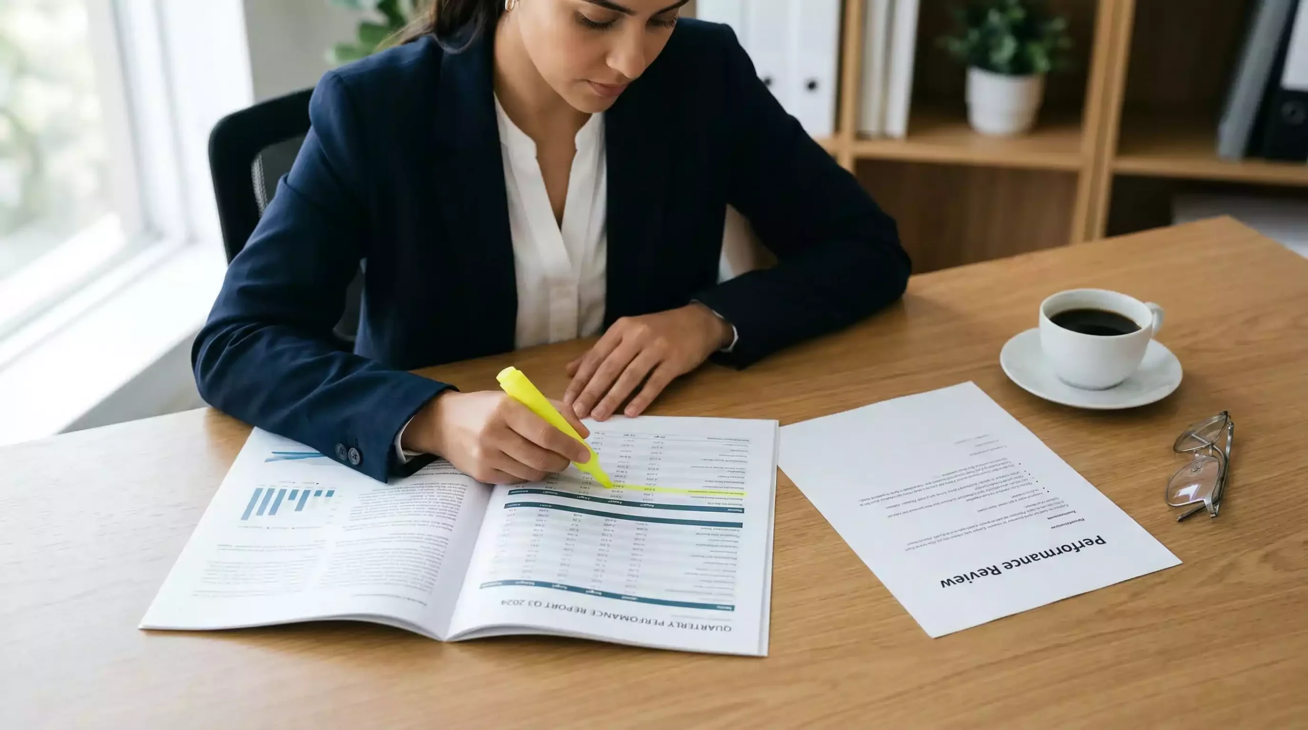 Person reading a printed report with trainer statistics at a desk