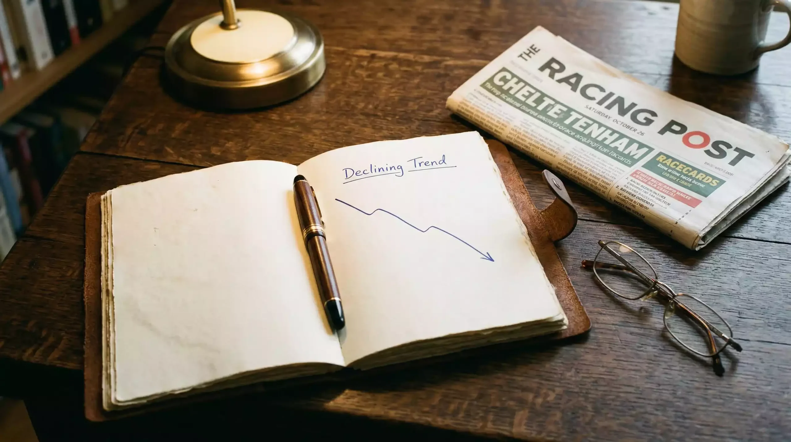 Notebook with a pen showing a declining trend line for horse racing betting