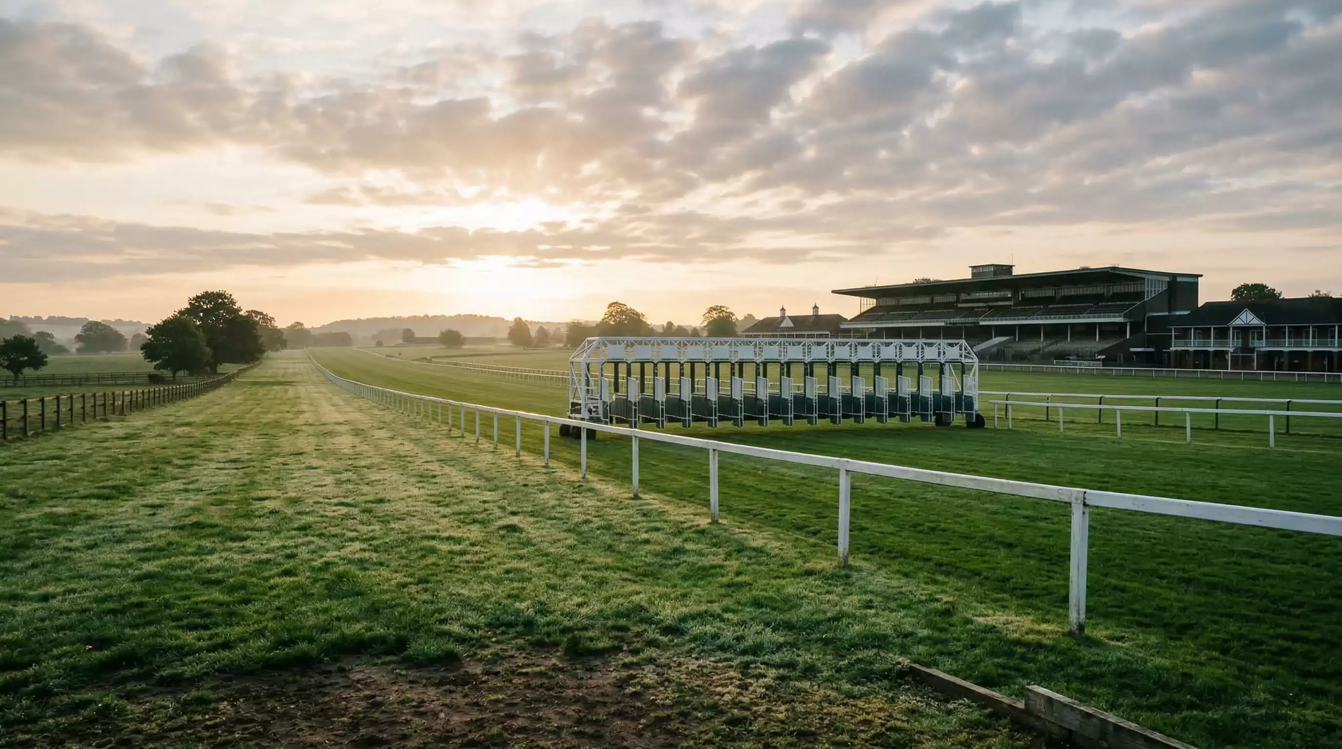 UK racecourse starting stalls at dawn with morning light over the turf track