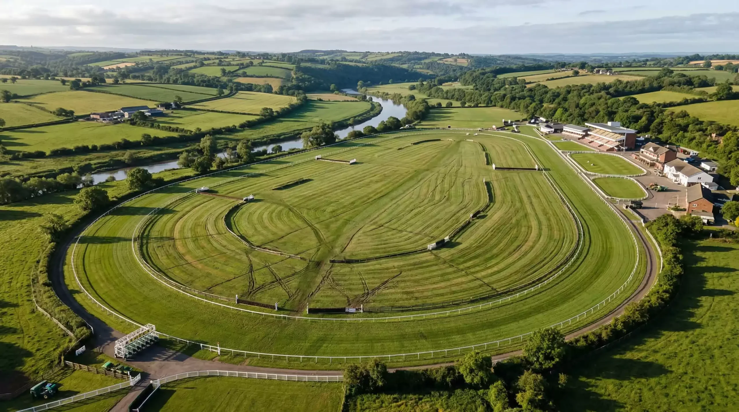 Aerial view of a UK racecourse showing turf and drainage patterns