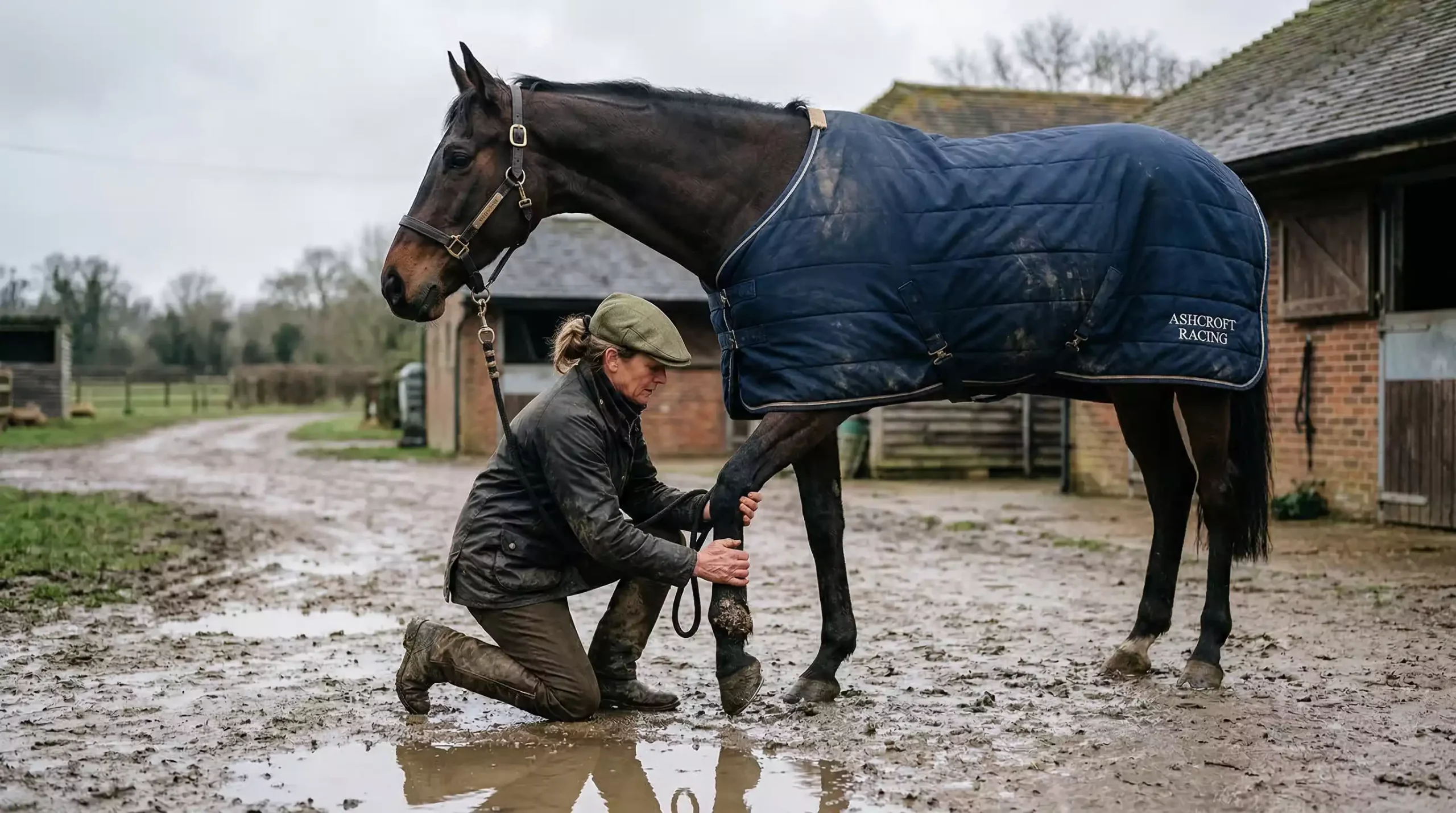 Horse and trainer assessing ground conditions before a UK race